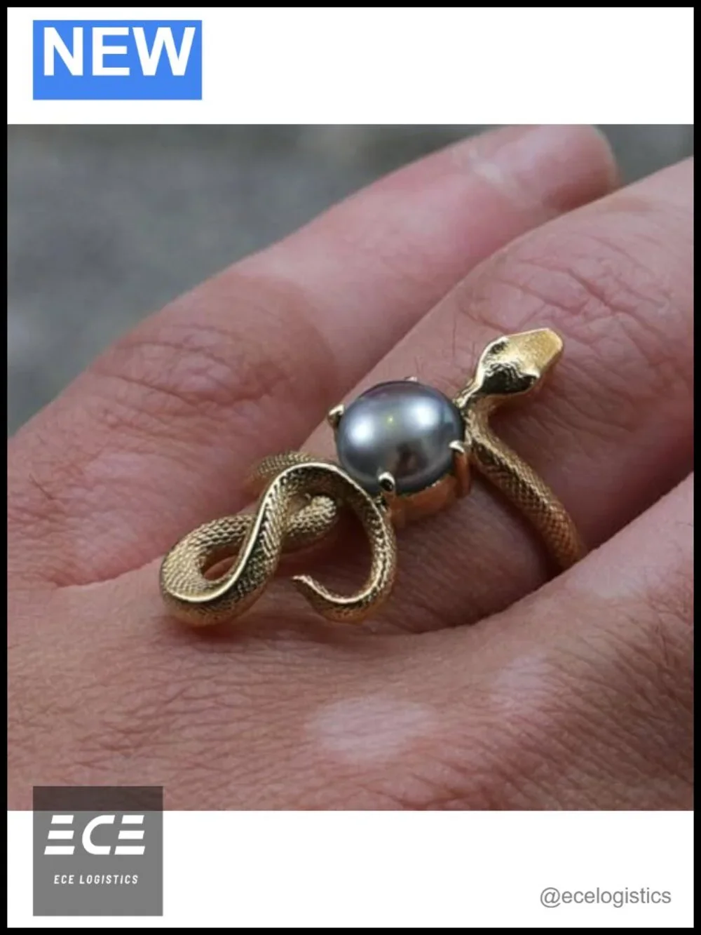 10mm Tahitian Black Pearl Snake Ring 18k Gold-Plated Brass Statement Cocktail